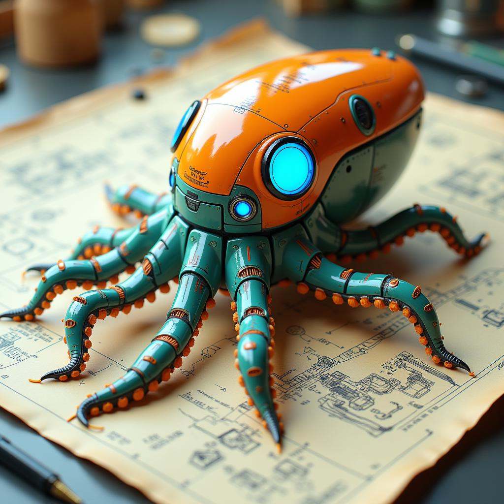 cinematic film still professional 3d model Prompt: "A detailed blueprint-style sketch of a futuristic robotic cephalopod,...