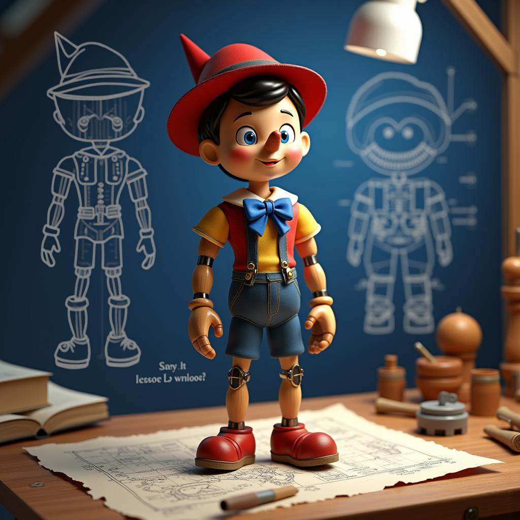 cinematic film still professional 3d model Prompt:"A blueprint-style illustration of Pinocchio,  designed as a mechanical...