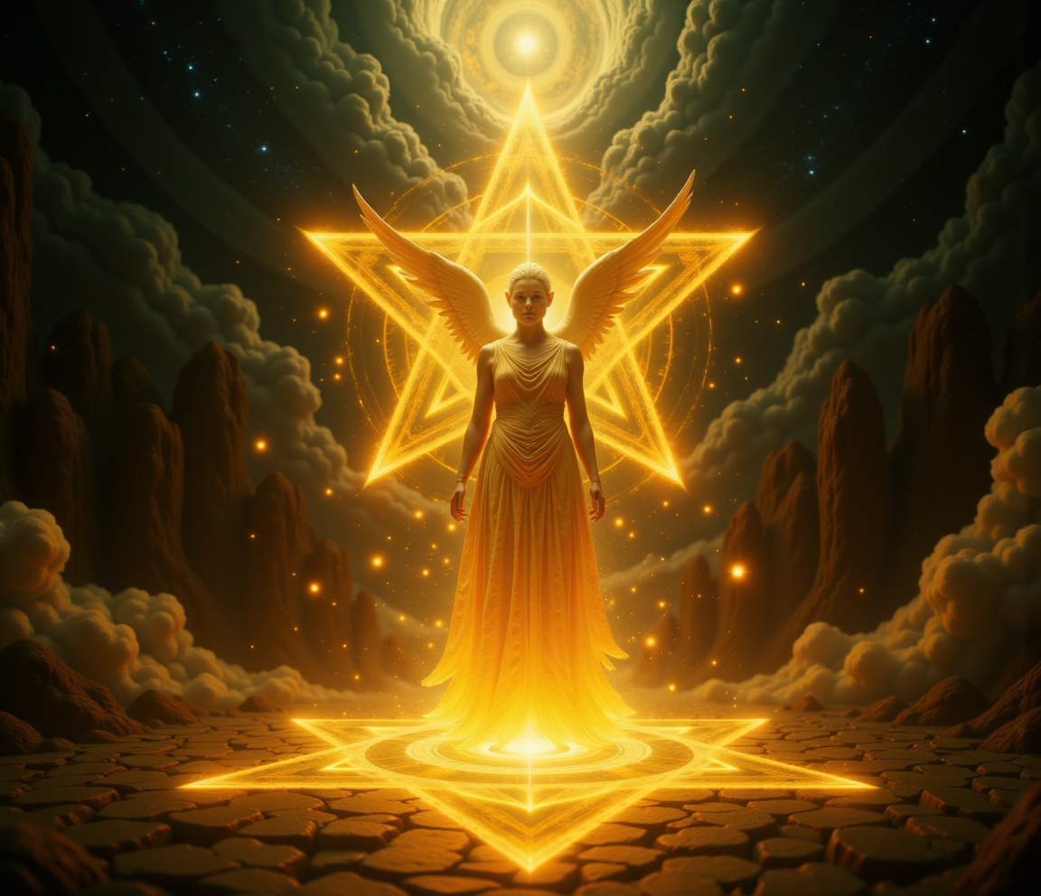 cinematic film still Double.Double.Double Double Exposure style a celestial being made of golden light stands within an in...