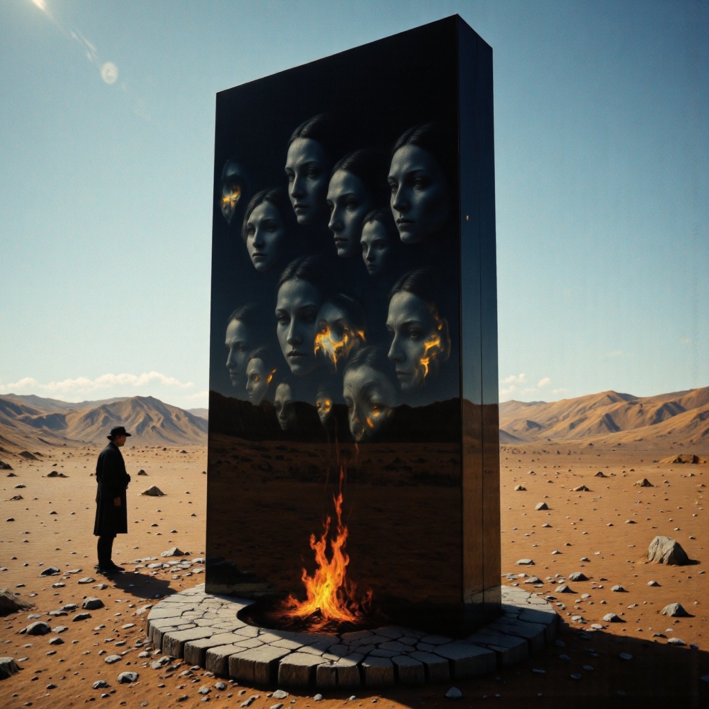 cinematic film still A towering,  angled slab of dark reflective metal stands on a desert plain,  with countless ghostly f...