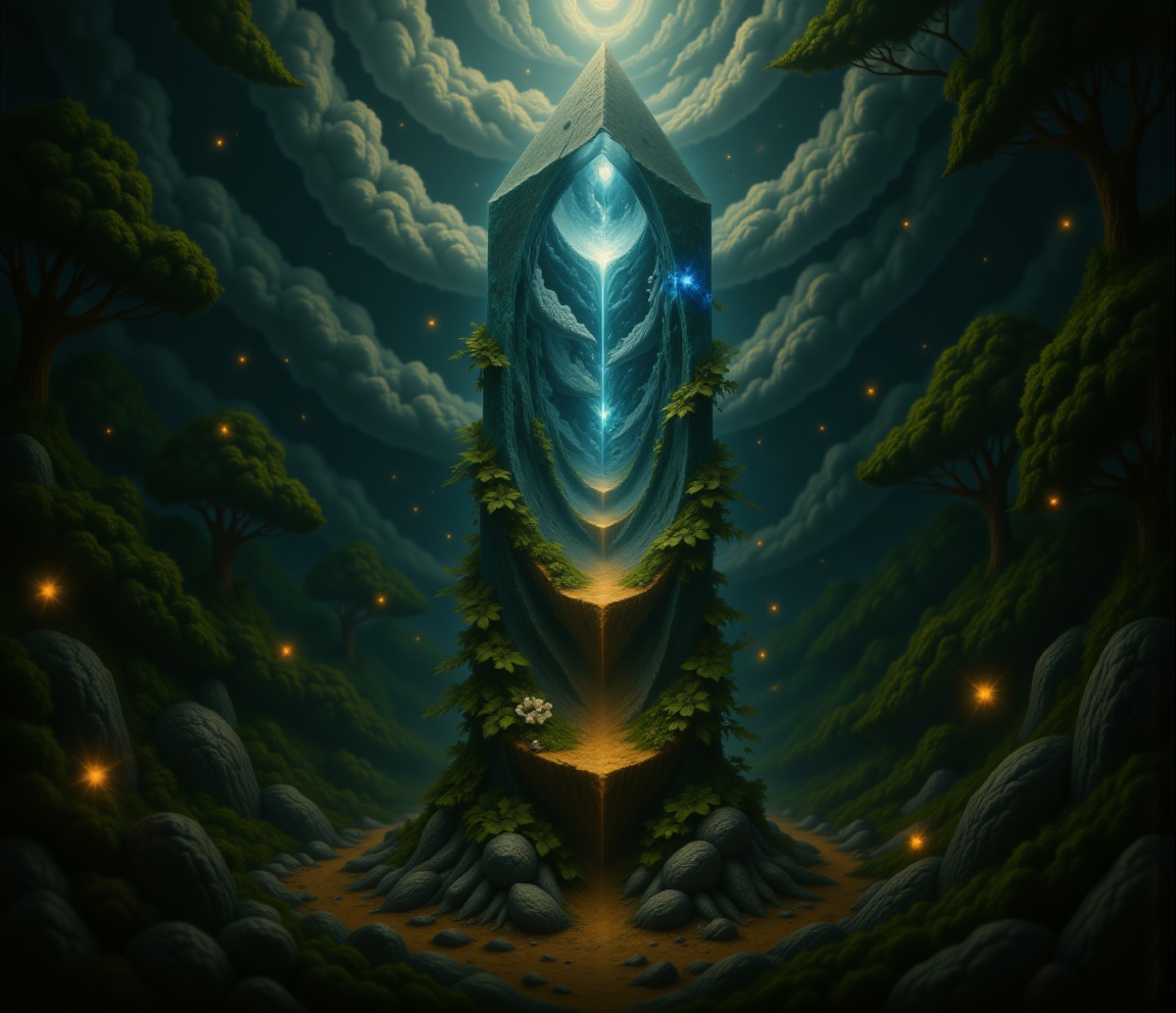 cinematic film still cinematic film still Nestled in a verdant alien forest,  a smaller crystalline obelisk lies cracked o...