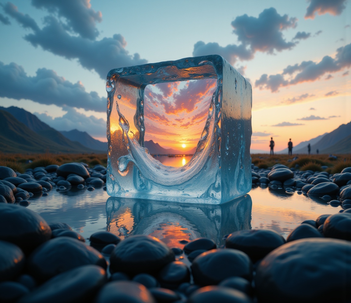 cinematic film still A large,  crystal-clear ice cube stands prominently on a serene landscape,  its sides reflecting the...