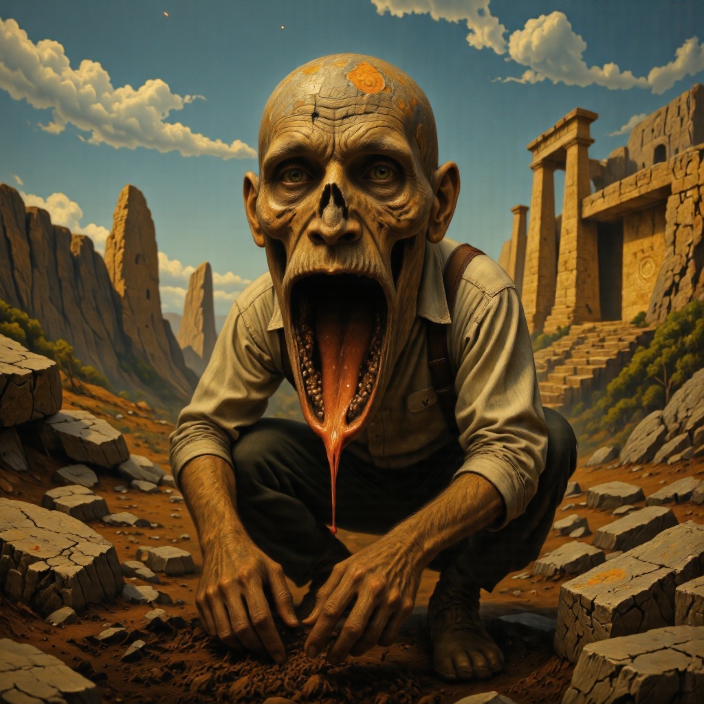 cinematic film still In the hazy dawn of prehistoric Malta,  among ancient limestone ruins and scattered megaliths,  a sol...