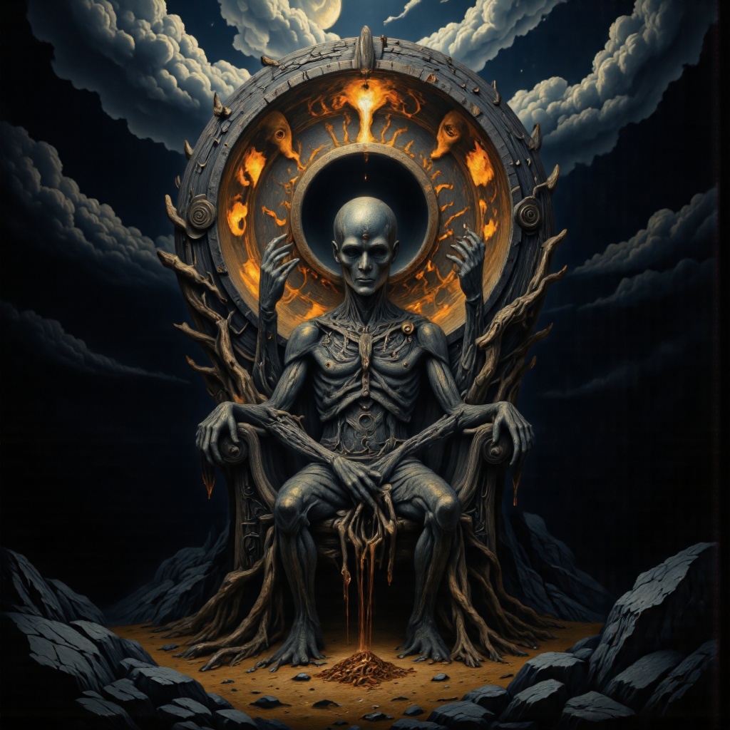 cinematic film still A throne-shaped relic forged from twisting metal spines and root-like cables rises from a pit of obsi...