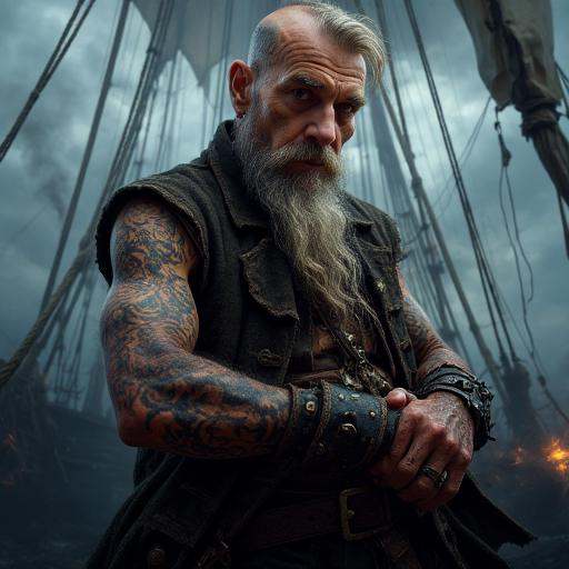 ultra-detailed tattoos,  standing on the burning deck of a haunted galleon. Volcanic clouds in the sky,  Ghostgalleon" — A...