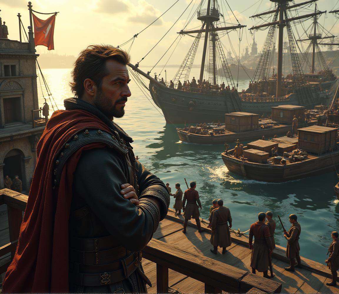 line art drawing cinematic film still professional 3d model The Shipyard (1470s - Building an Army for Battle)Scene Compos...