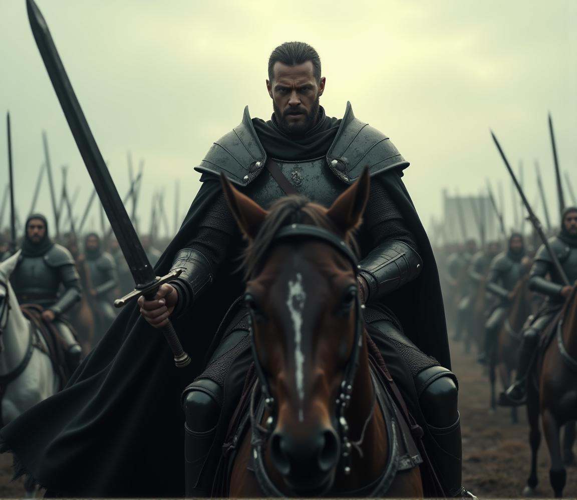 line art drawing cinematic film still professional 3d model A medium close-up of Dragute on horseback,  his dark eyes inte...