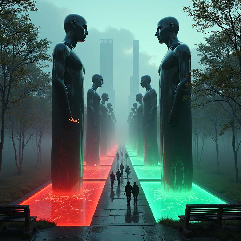line art drawing cinematic film still professional 3d model A surreal urban park where towering,  humanoid statues covered...