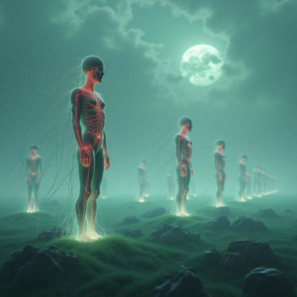 line art drawing cinematic film still professional 3d model A sprawling,  mist-covered field dotted with towering,  humano...