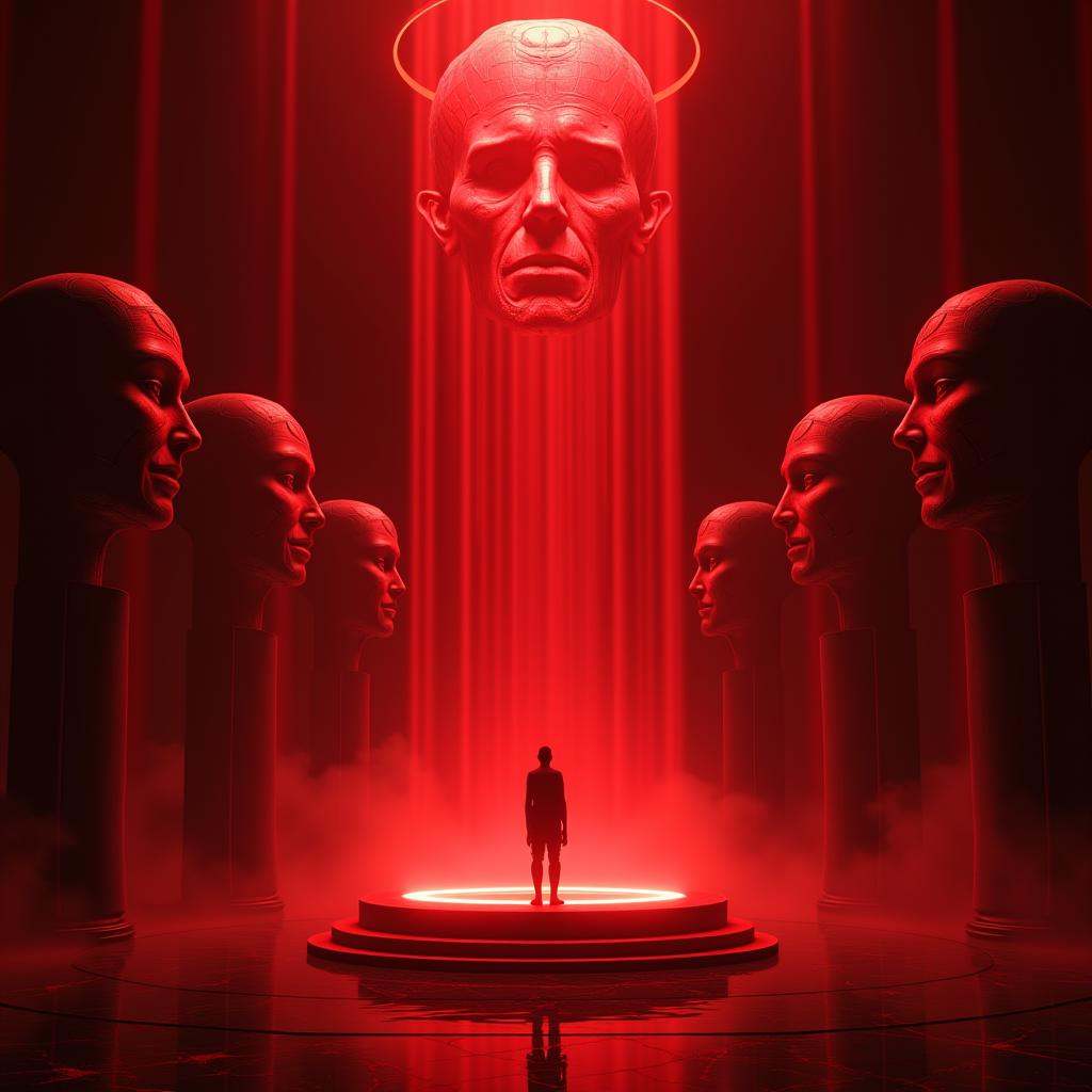 cinematic film still line art drawing anime artwork professional 3d model "A surreal and dystopian tribunal scene set in a...