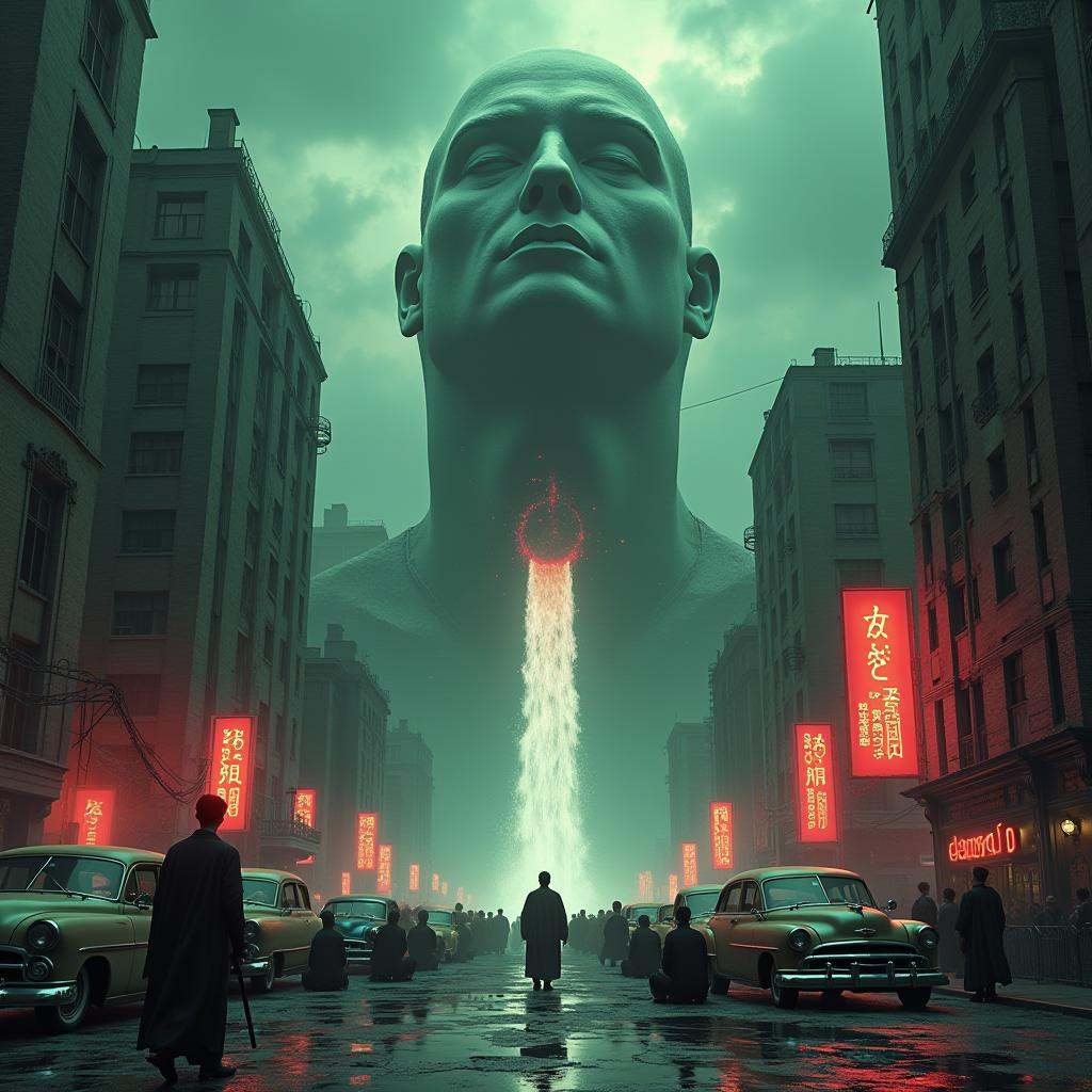 line art drawing cinematic film still professional 3d model A dystopian urban scene where a towering building with a massi...