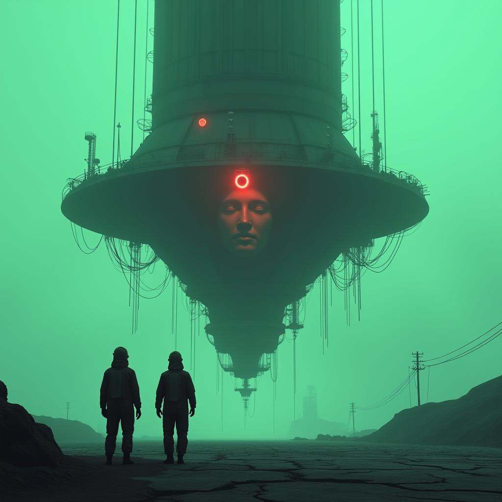 line art drawing cinematic film still professional 3d model A massive,  floating industrial structure with a serene human...