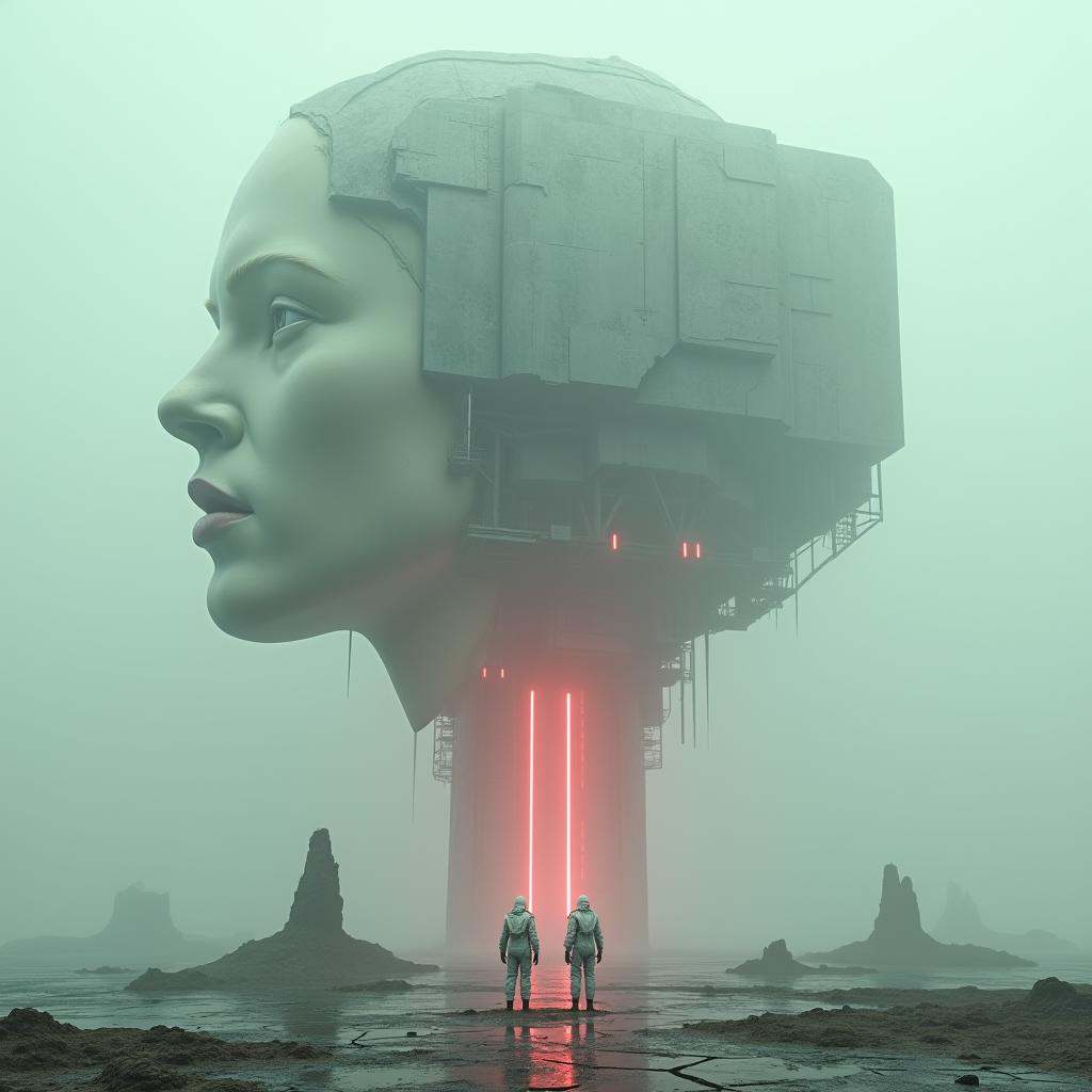 line art drawing cinematic film still professional 3d model A surreal dystopian landscape featuring a massive,  futuristic...