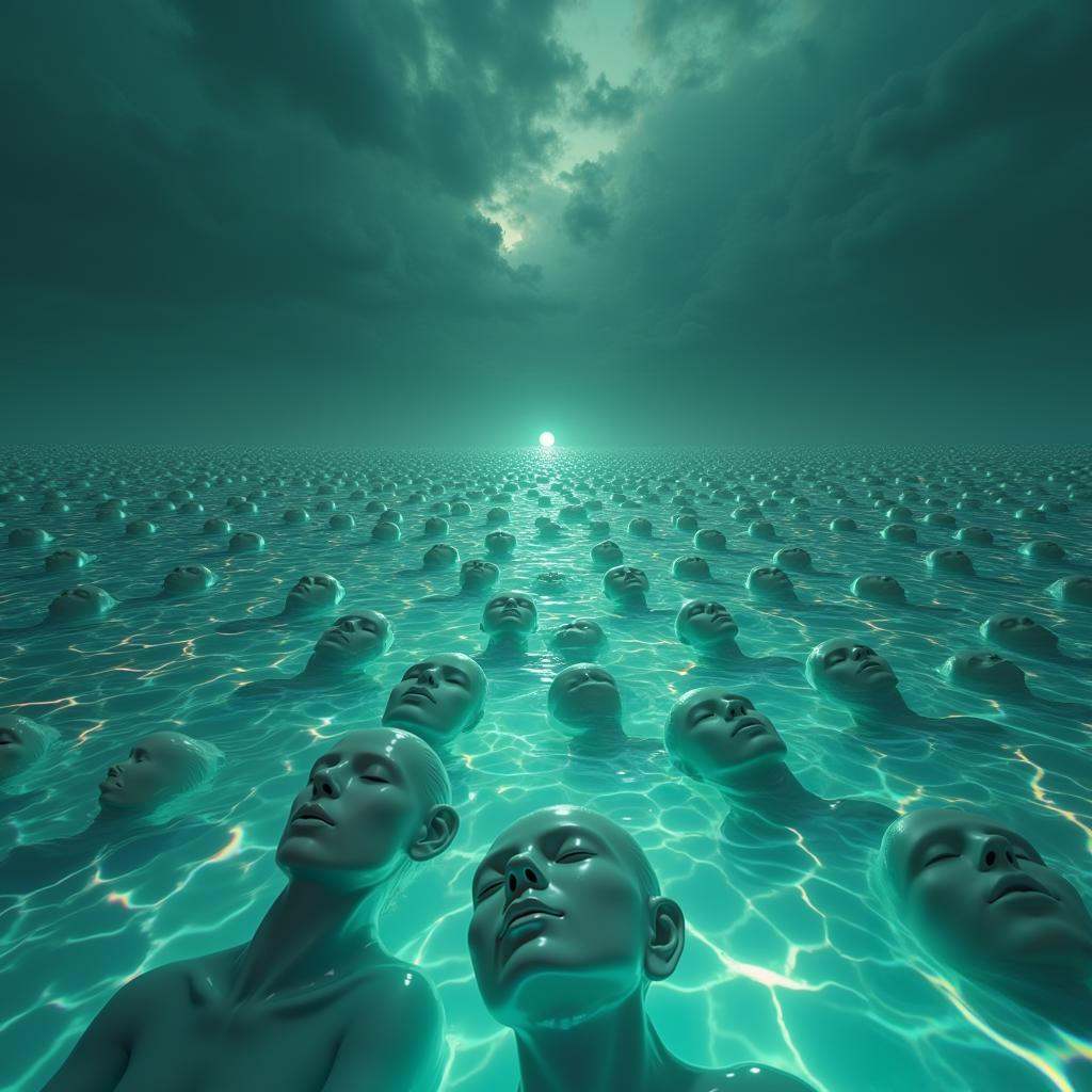 line art drawing cinematic film still professional 3d model A vast,  surreal expanse of shallow,  glowing water stretching...