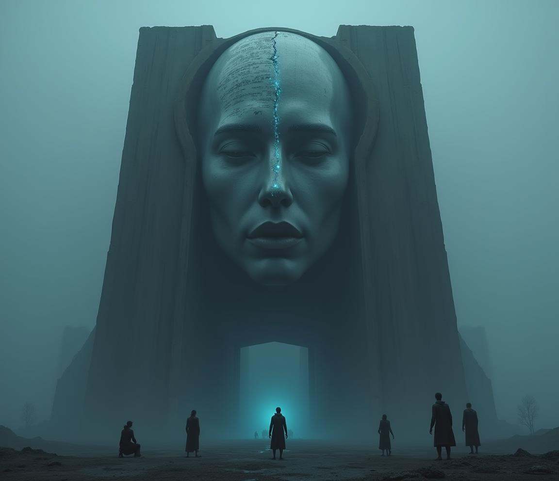 cinematic film still line art drawing professional 3d model lora:Nyxalith:1 A giant,  expressionless human face protrudes...
