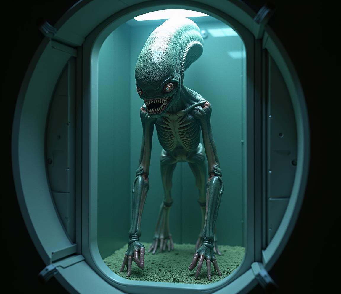 professional 3d model cinematic film still The Alien Specimen..At the heart of the facility lies Sector Delta-9 ,  a high-...