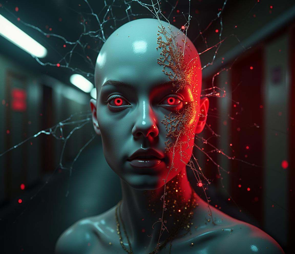 cinematic film still line art drawing professional 3d model lora:Nyxalith:1 A pale,  synthetic face floats behind a cracke...