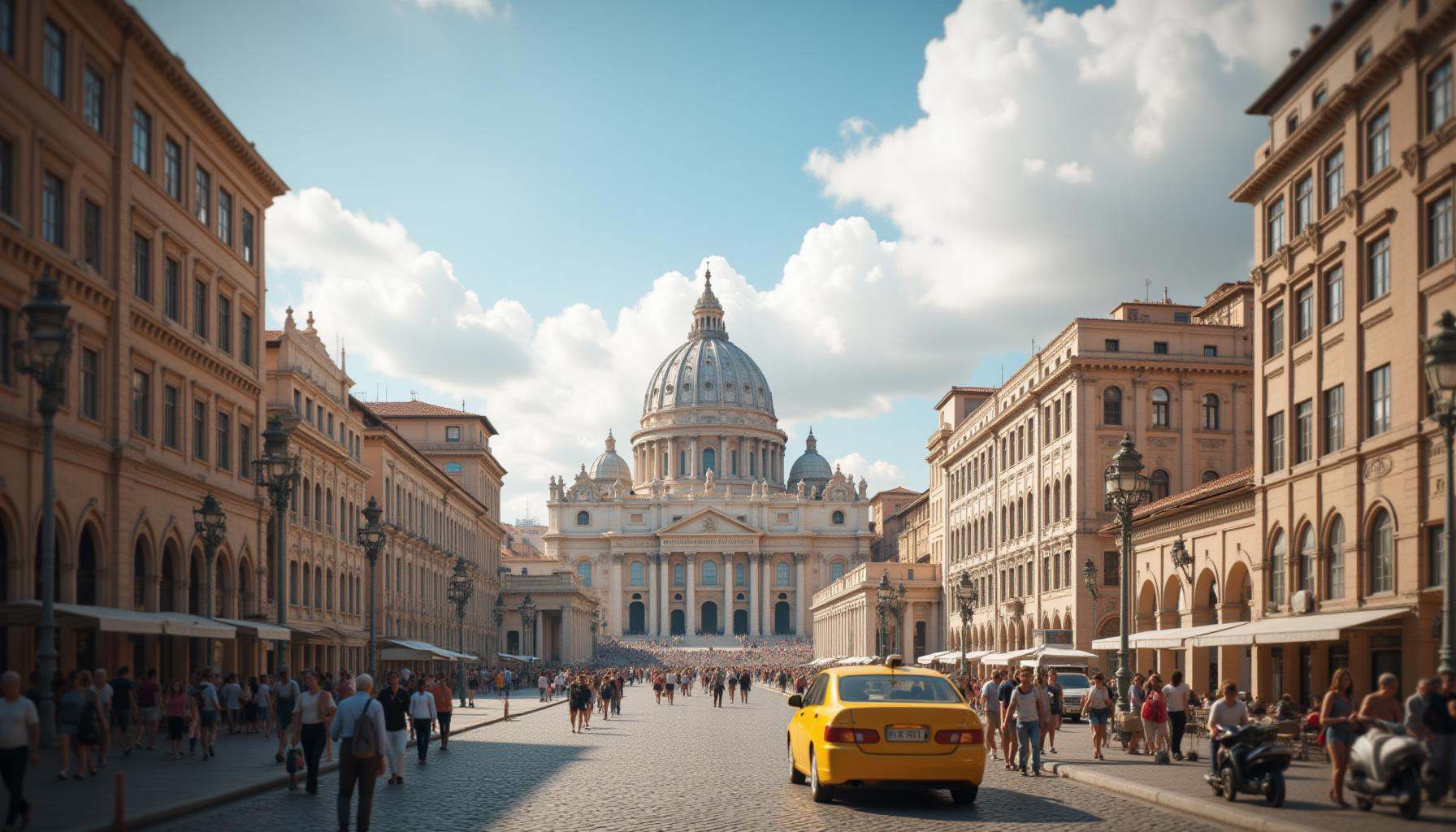cinematic film still professional 3d model This is a high-resolution photograph capturing a bustling street scene in Rome,...