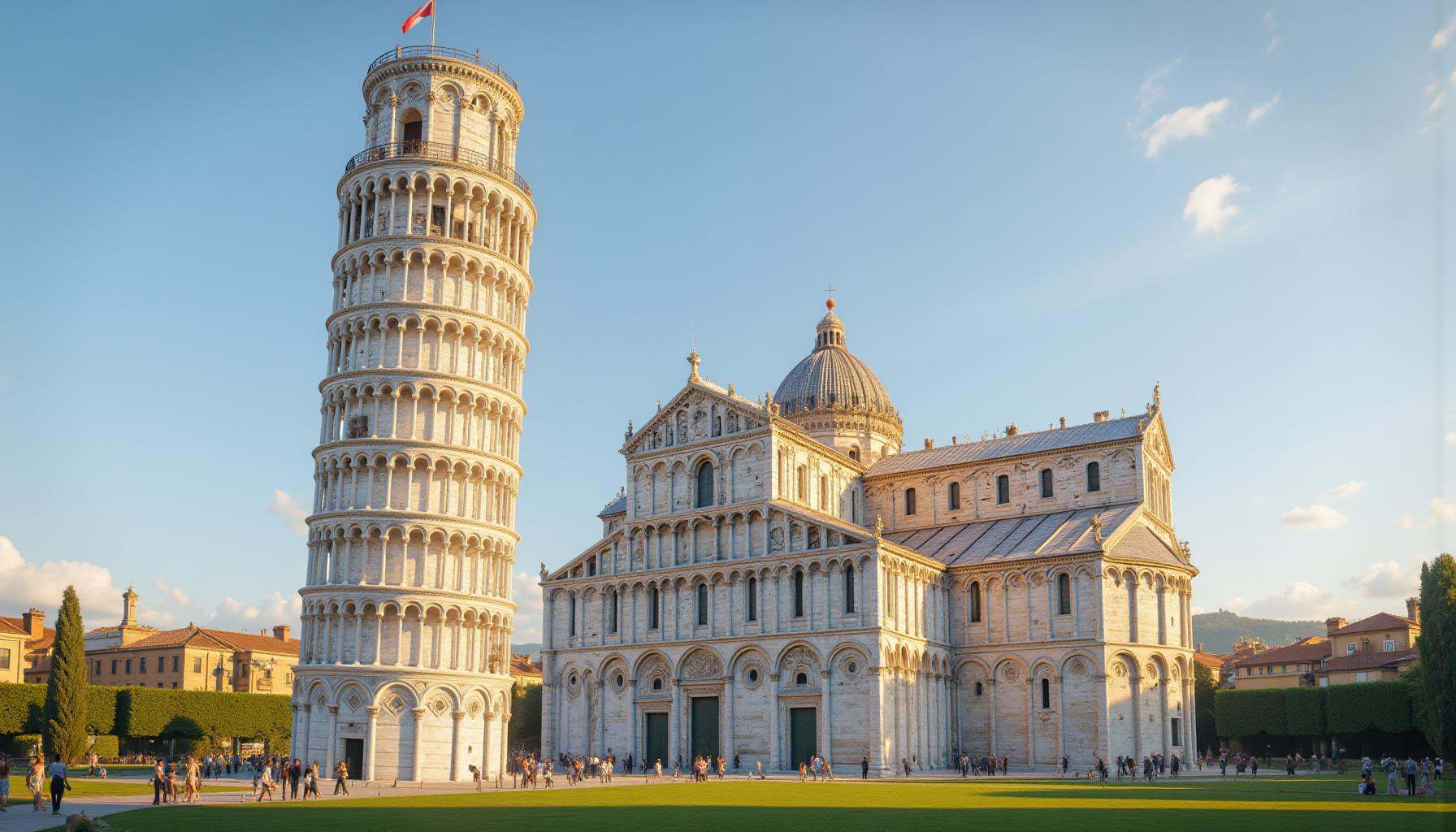 cinematic film still professional 3d model A detailed depiction of the Leaning Tower of Pisa standing prominently in the f...
