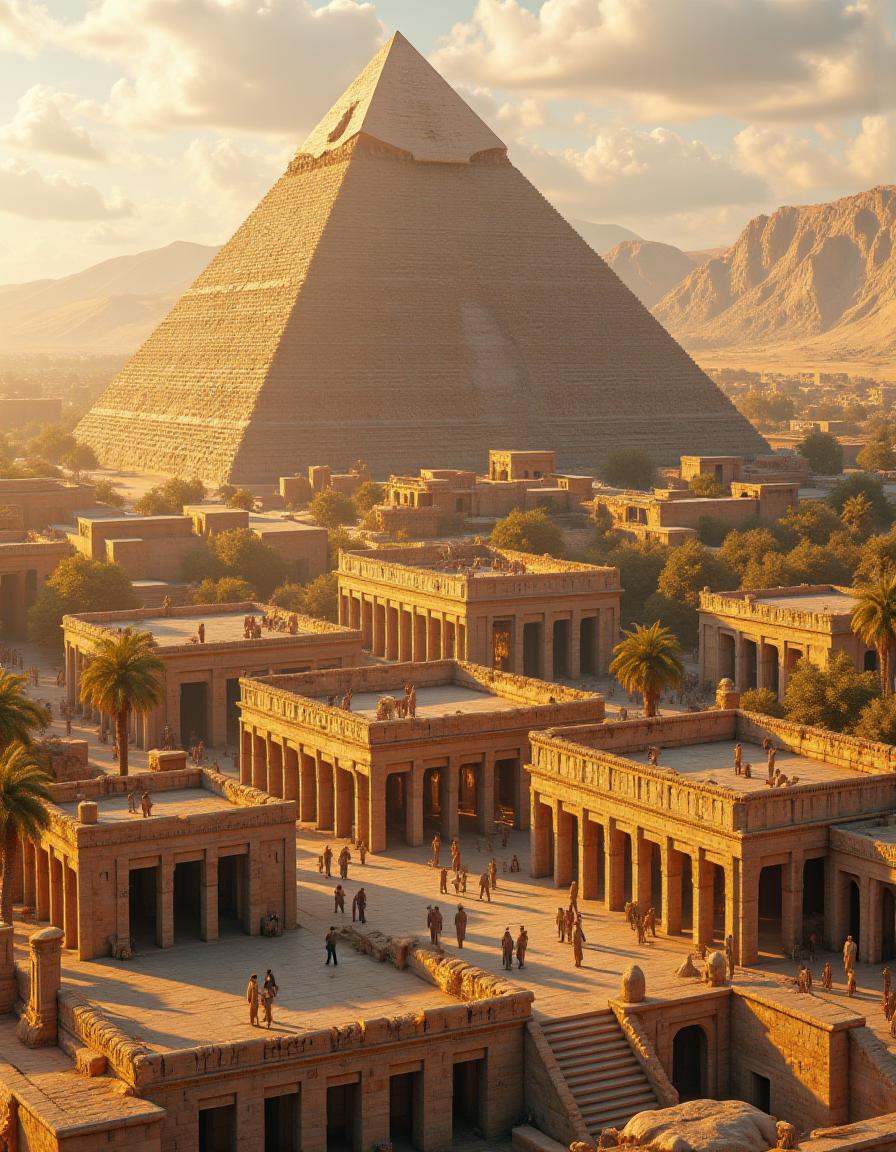 cinematic film still professional 3d model An expansive view showcasing two states of an iconic ancient Egyptian monument,...