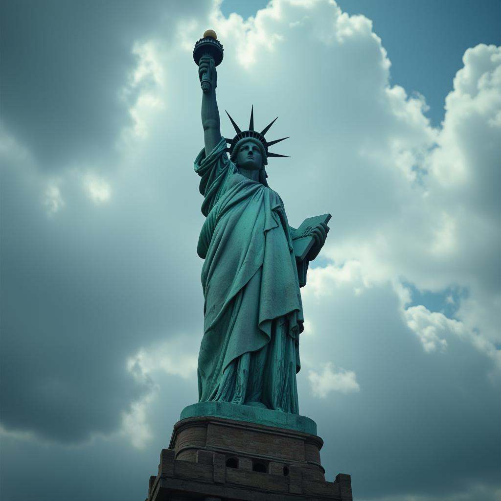 cinematic film still professional 3d model This is a high-resolution photograph of the Statue of Liberty,  taken from a sl...