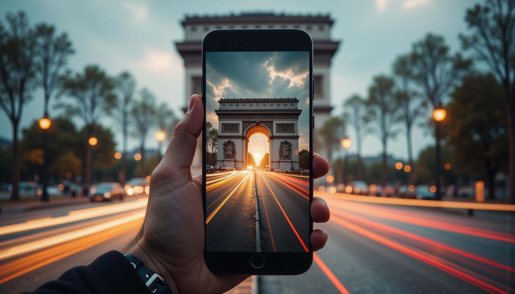 cinematic film still professional 3d model A captivating scene of the Arc de Triomphe in Paris,  captured through the scre...