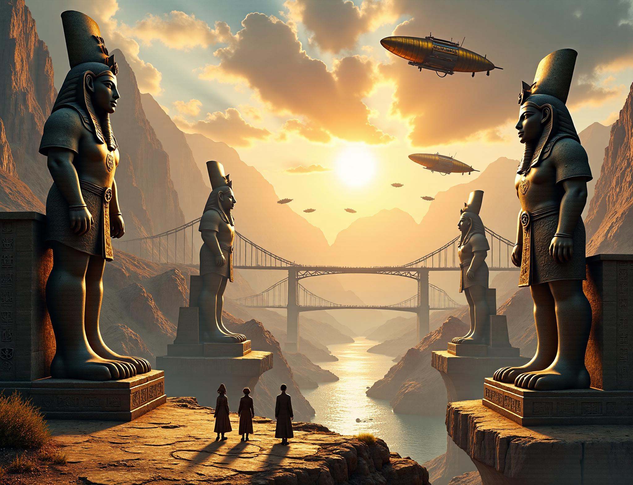 "Visualize a grand world where towering pharaoh statues,  carved from ancient stone,  overlook a city of floating islands....