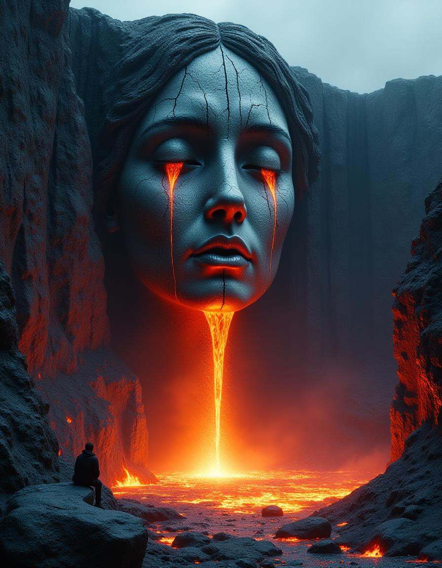 "A serene yet intense scene featuring a gigantic stone sculpture of a woman’s face embedded into a cliffside. The face is...