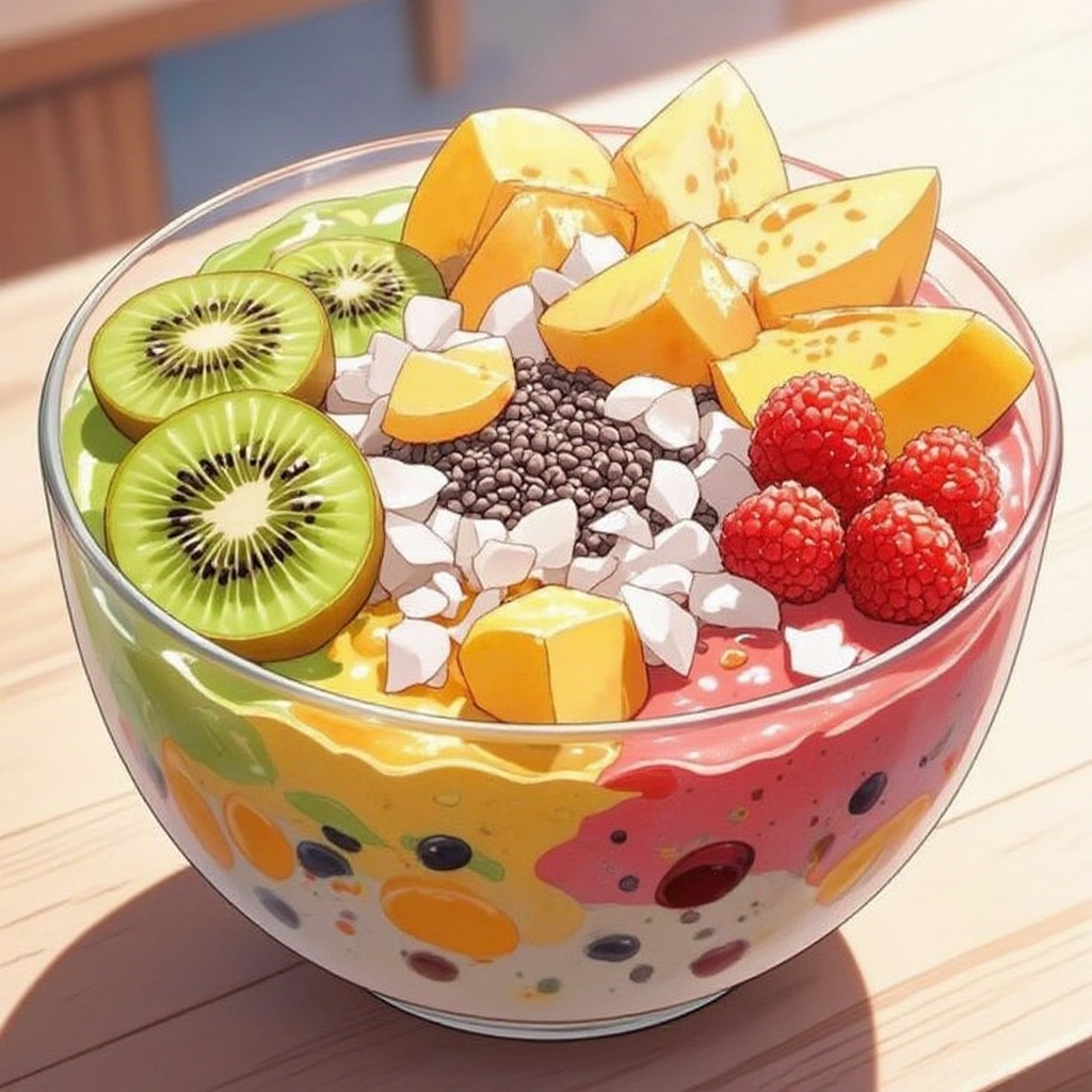 A colorful smoothie bowl filled with blended tropical fruits,  topped with sliced kiwi,  dragon fruit on Tensor.Art