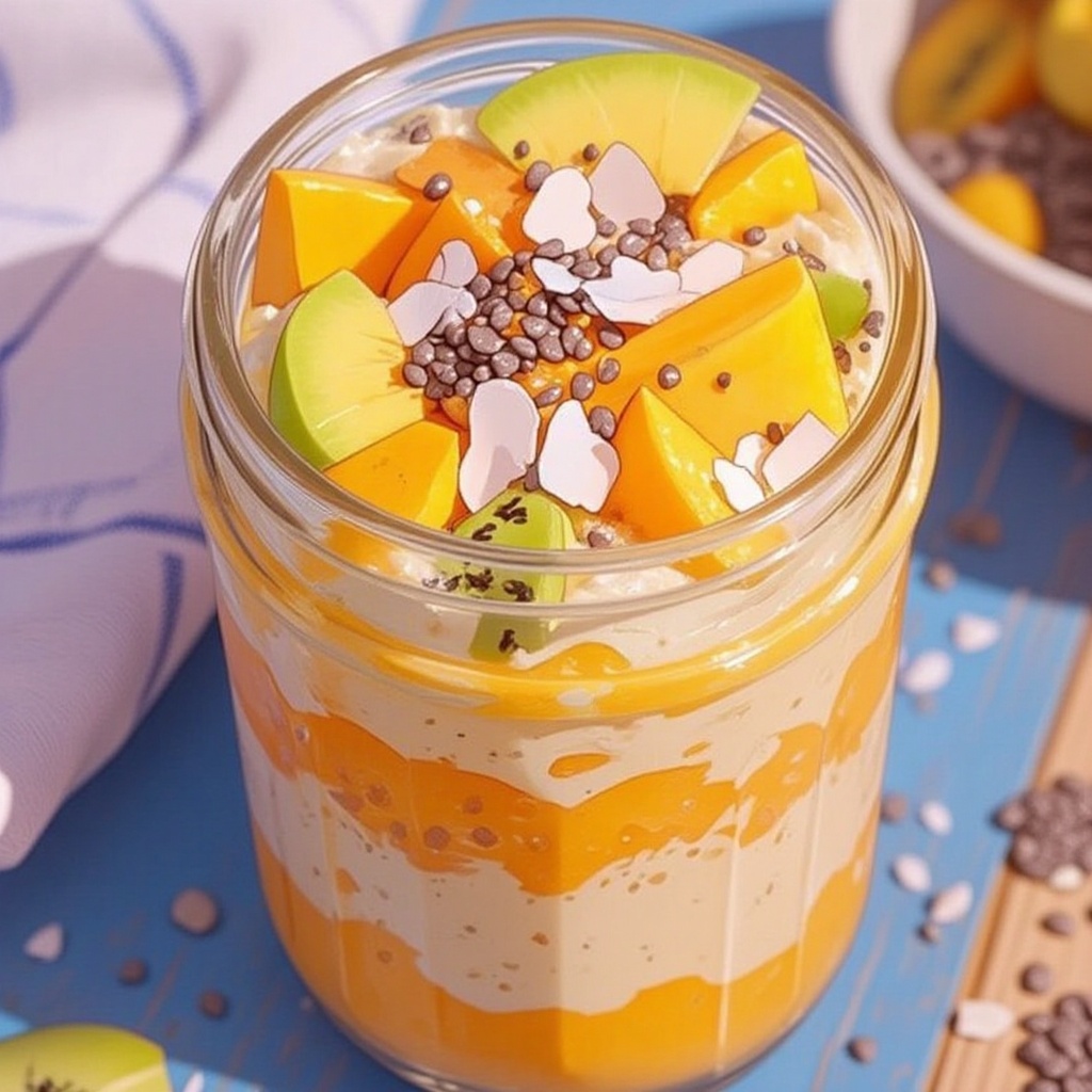 A vibrant smoothie in a mason jar,  layered with bright tropical fruits like mango,  dragon fruit on Tensor.Art