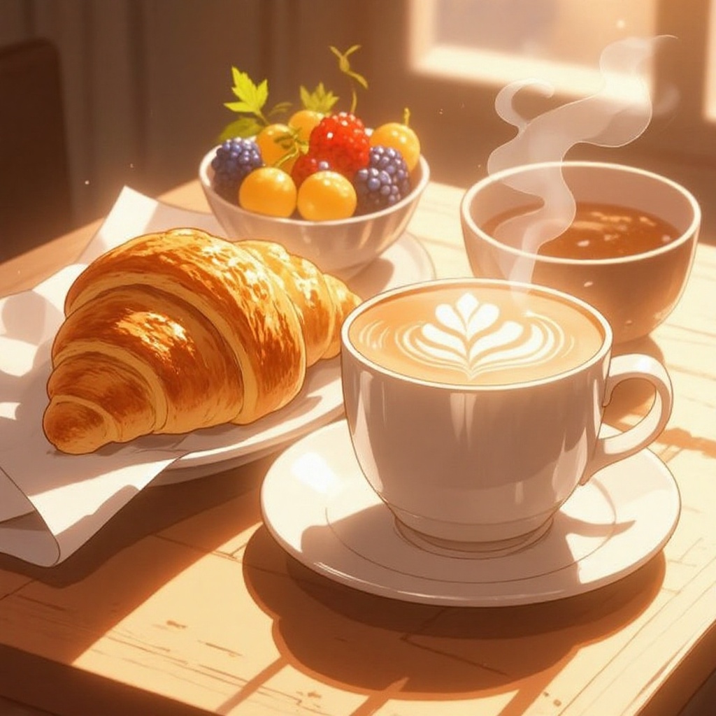 A cozy breakfast scene with a steaming cup of latte,  freshly baked croissant,  and a small bowl of seasonal berries. Morn...