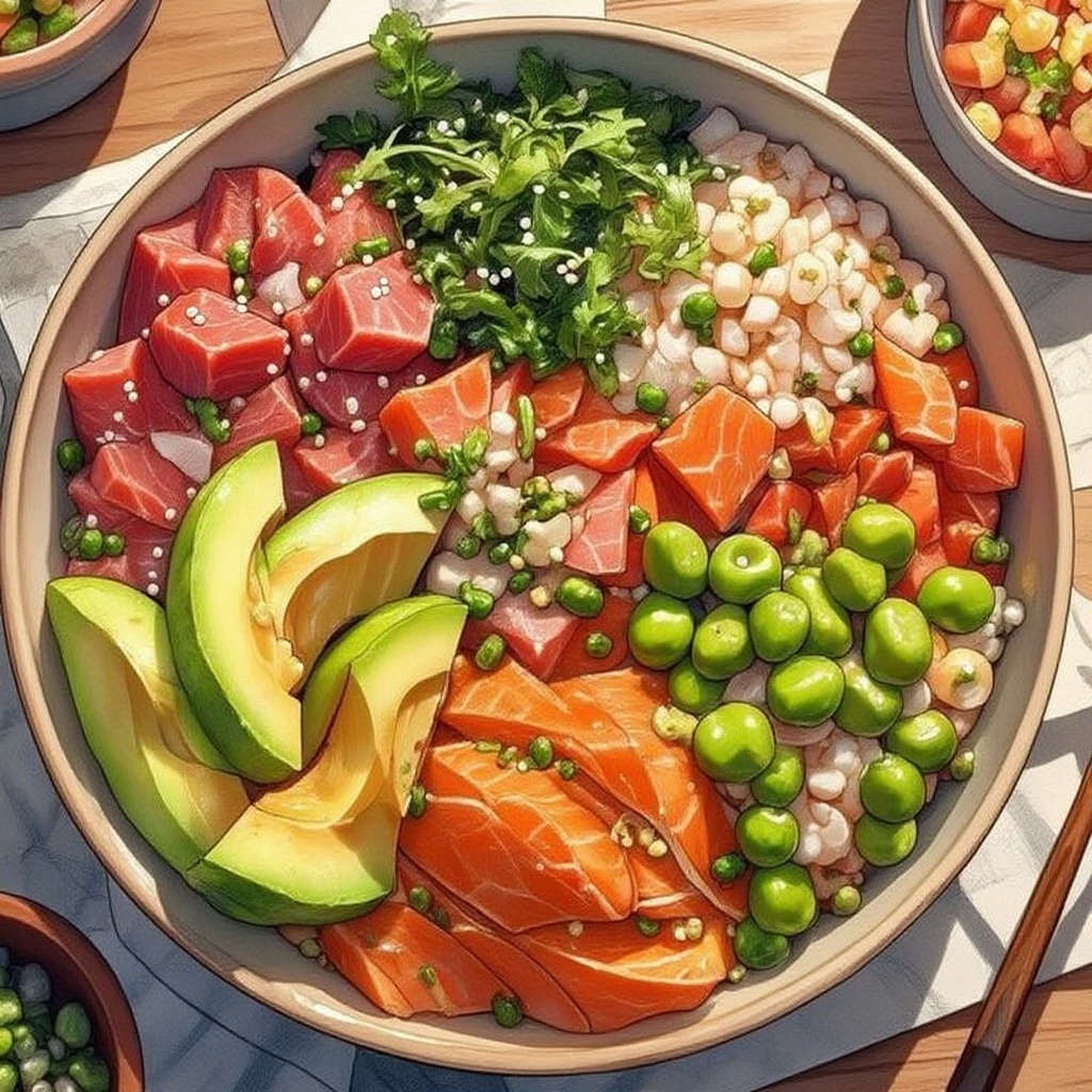 A colorful poke bowl filled with fresh tuna,  salmon,  avocado on Tensor.Art