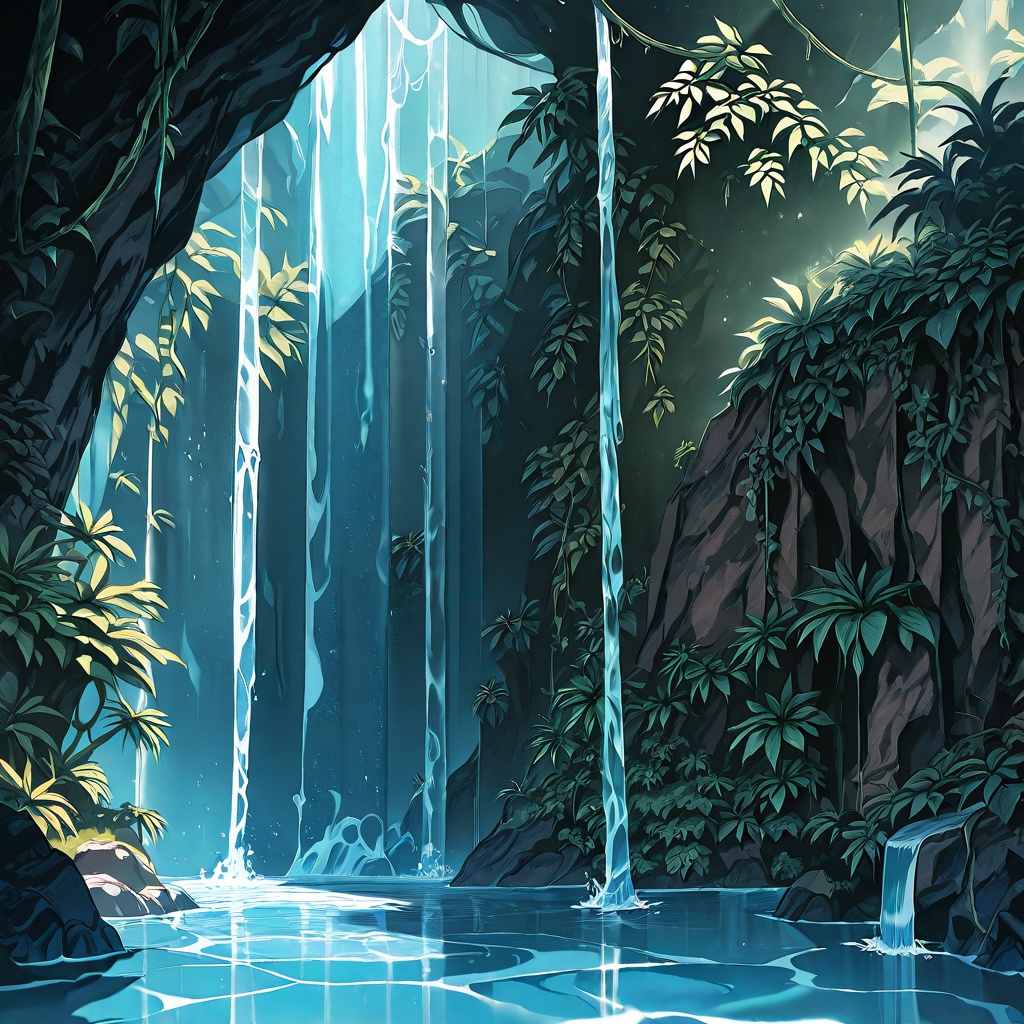 hidden waterfall,  crystal pool,  lush jungle on Tensor.Art