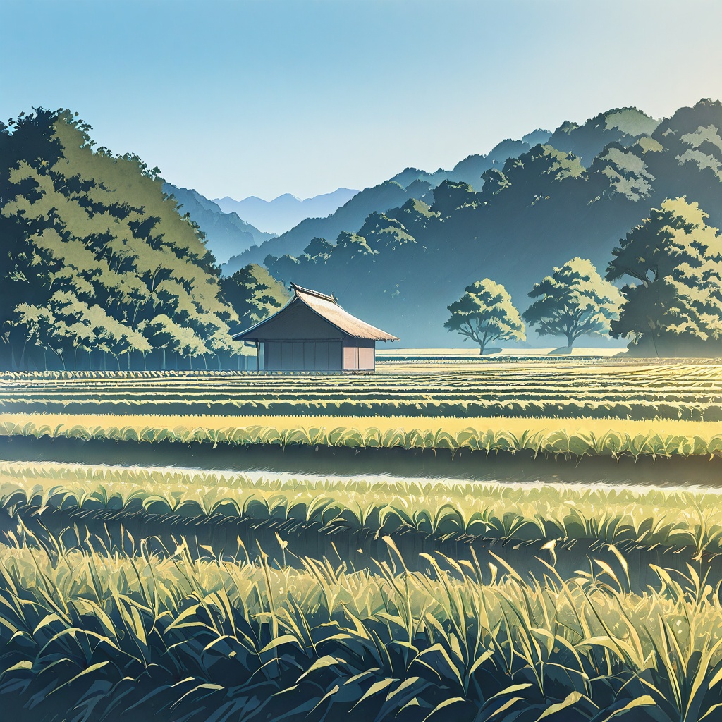 A serene rural landscape in the early morning,  wide green rice fields covered in light mist,  a narrow dirt path between...