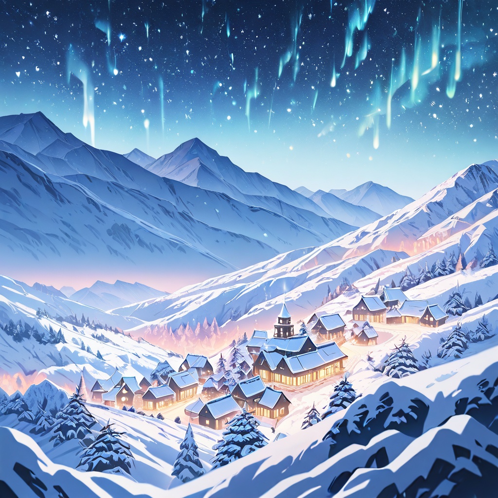 A quiet snow-covered village nestled in the mountains,  lit by warm lanterns glowing through the frosty night. Above,  the...