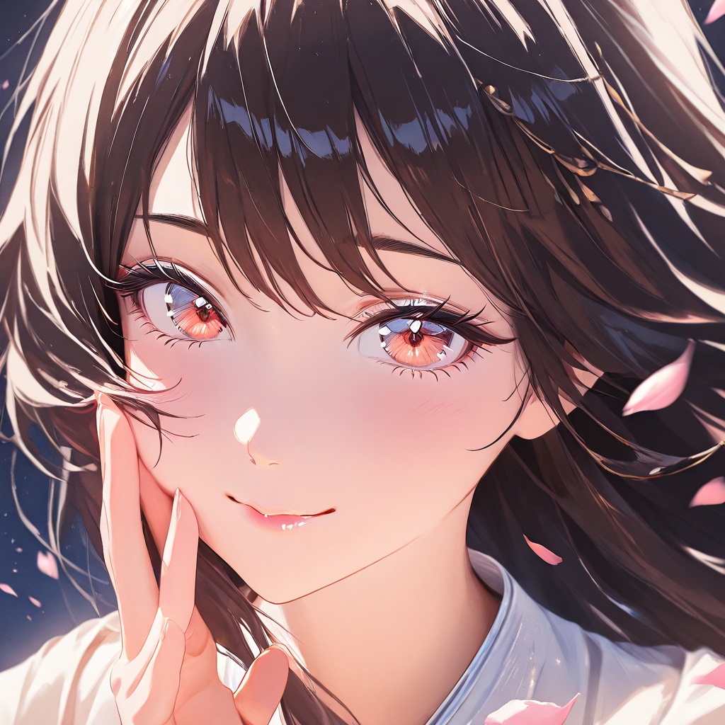 Close-up of a serene anime shrine maiden’s face under soft moonlight,  captured in a three-quarter close-up. Her gentle sm...