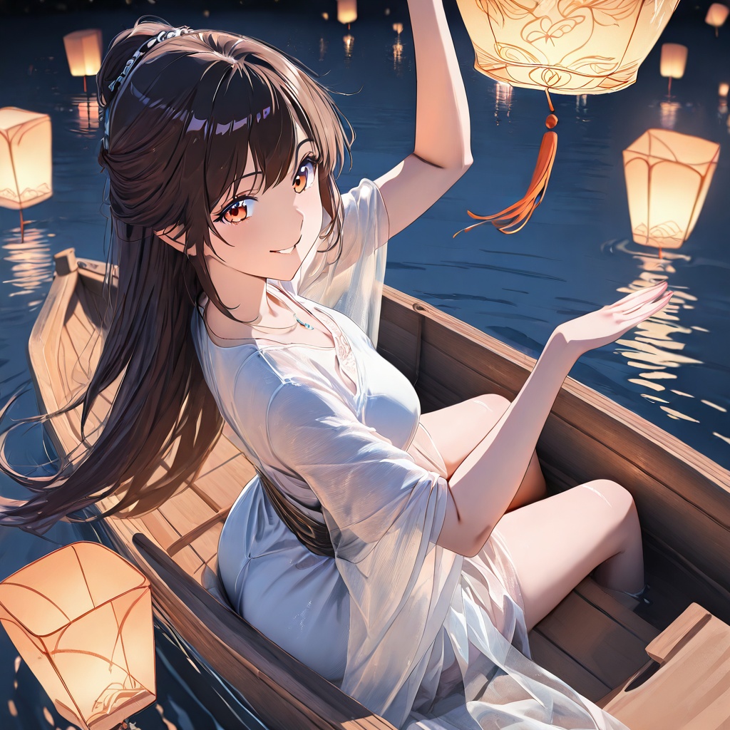 a girl sitting in the wooden boat,  captured in half-body inside the car,  cheering smile on Tensor.Art