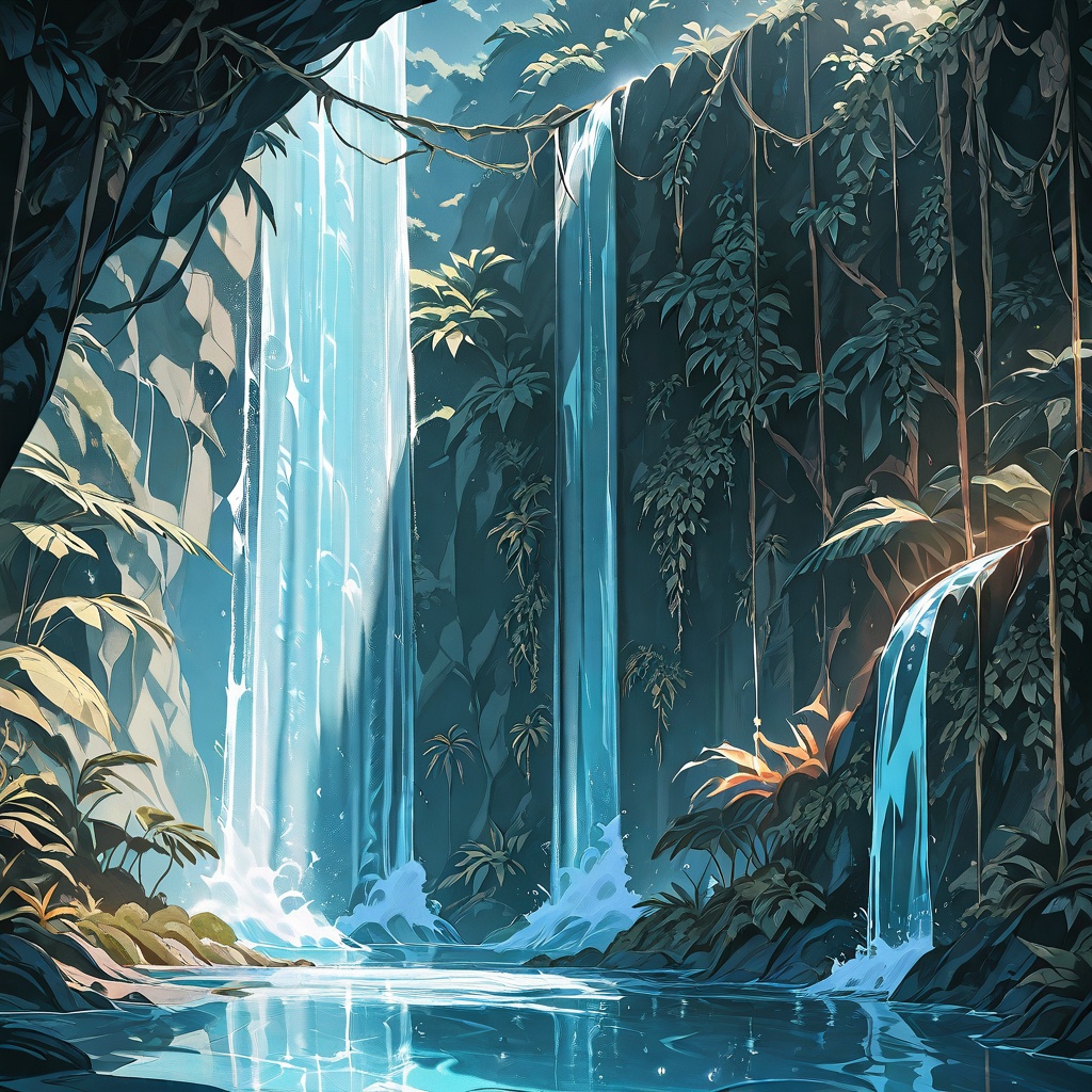 hidden waterfall,  crystal pool,  lush jungle on Tensor.Art