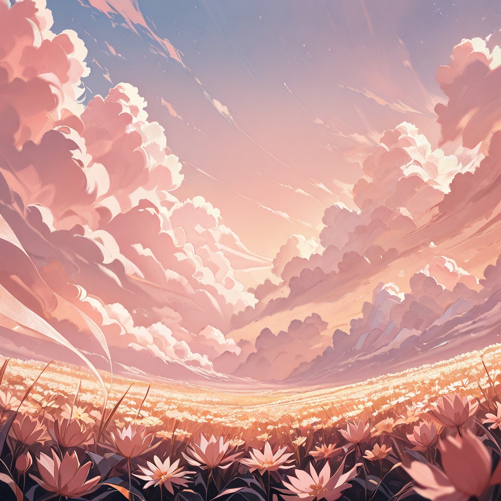 A breathtaking sunrise casting golden light over layers of misty mountains,  with clouds drifting gently between the peaks...