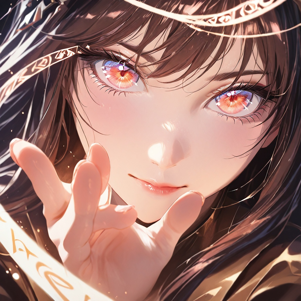 A mysterious anime magician in a dark library,  captured in a half-body close-up. His hand is raised,  summoning glowing m...
