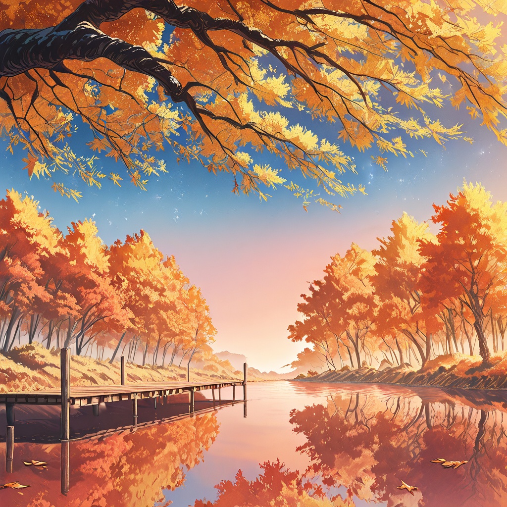 autumn lake,  fiery red golden trees,  mirror reflection on Tensor.Art