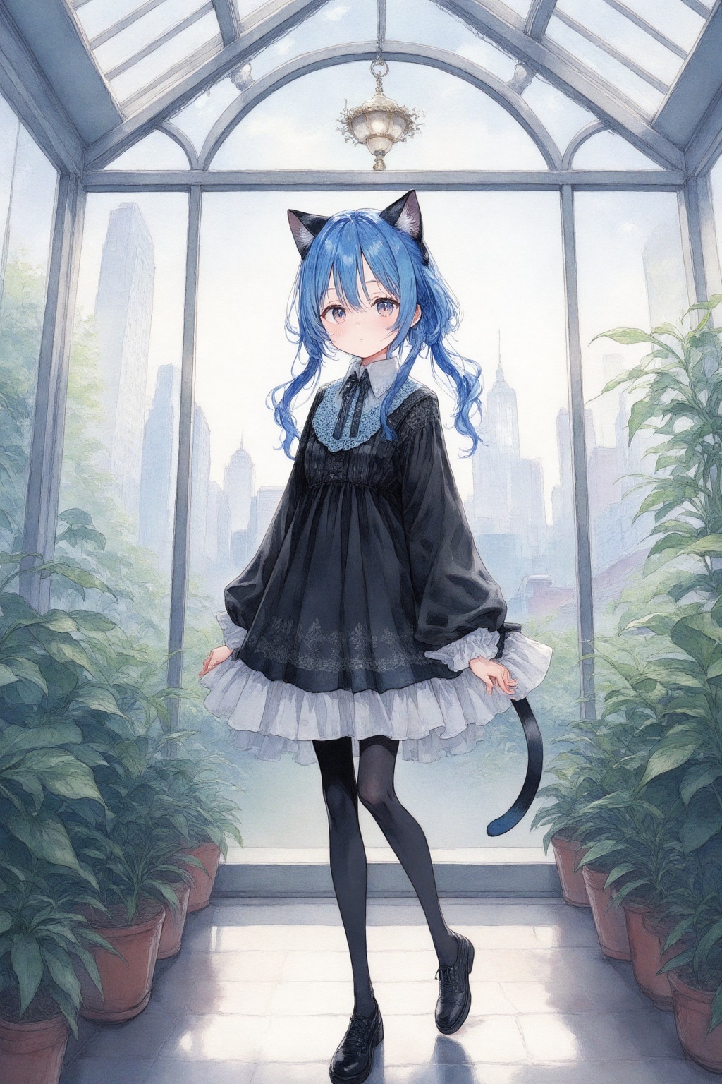 Anime-style illustration of a cute anime girl with blue hair and cat ears,  wearing a black and white dress with a white c...