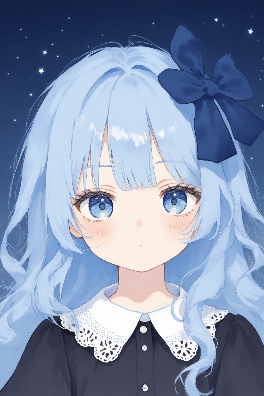 Anime-style drawing of a young girl with long,  wavy,  light blue hair and large on Tensor.Art