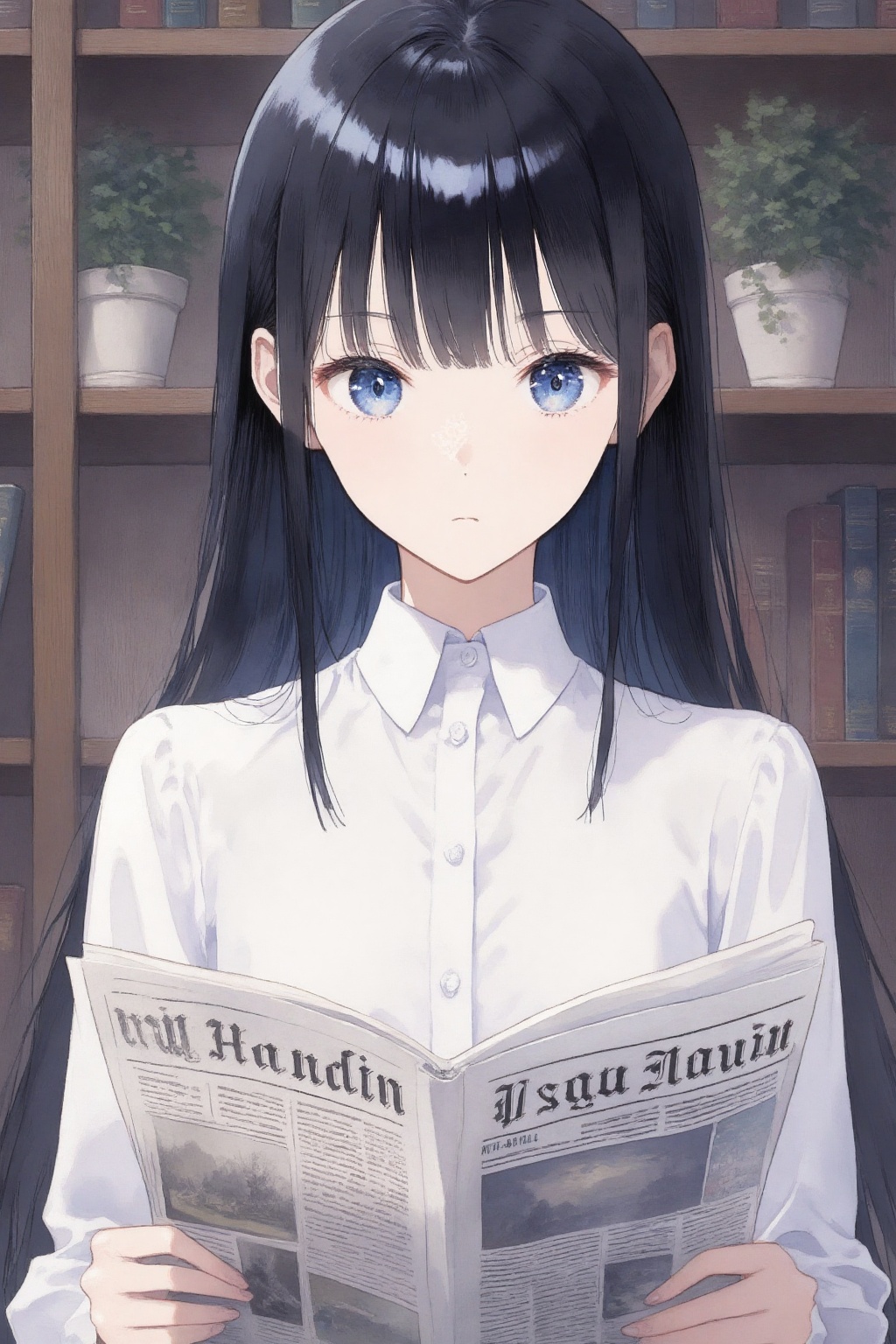 Anime-style illustration of a young woman with long black hair and blue eyes,  standing in a library,  reading a newspaper...