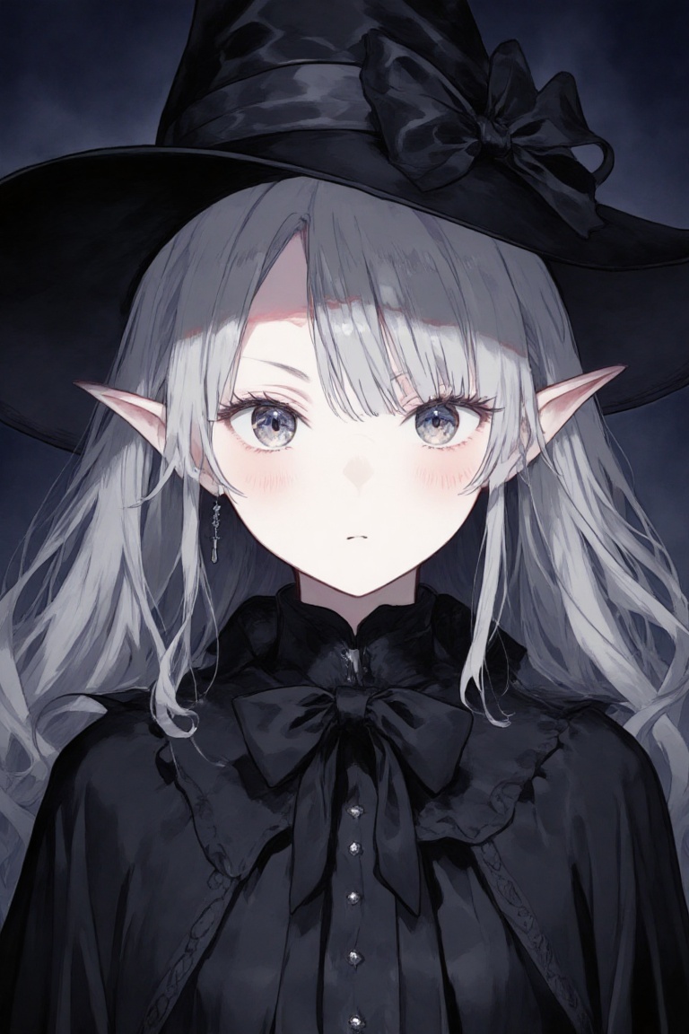 Anime-style drawing of a young woman with long,  wavy gray hair and pointed ears,  wearing a black witch's hat with a larg...