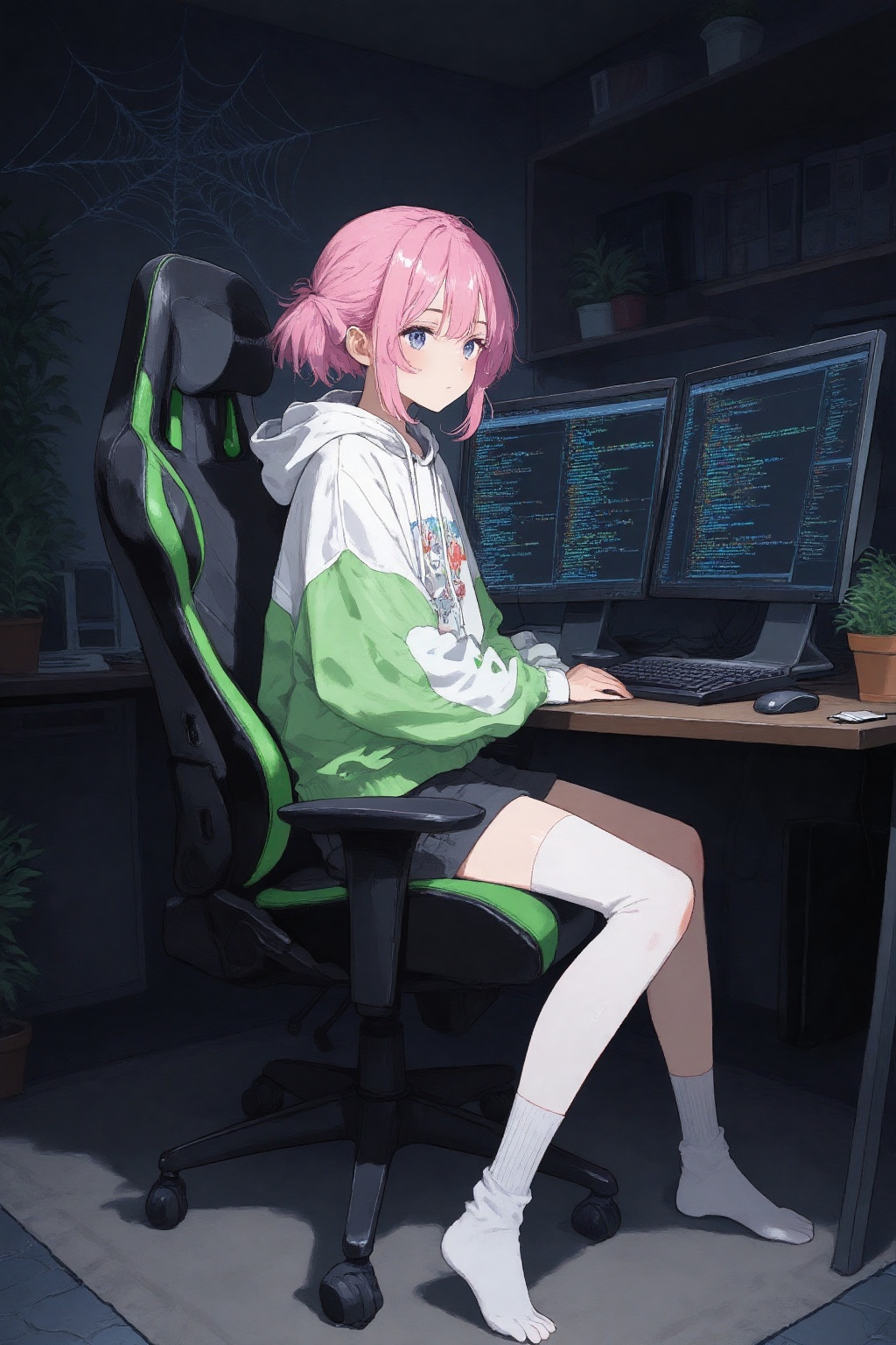 Anime-style digital illustration of a young woman with pink hair,  sitting on a black and green gaming chair in front of a...