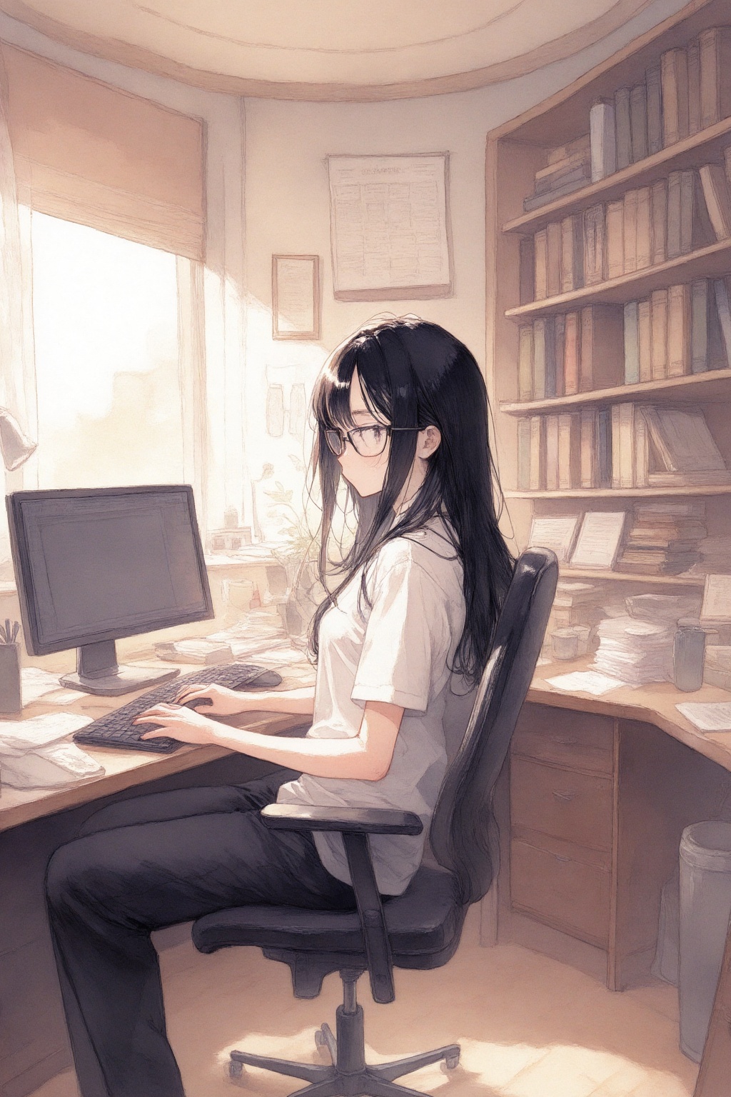 Anime-style illustration of a young woman with long black hair and glasses,  sitting at a desk in a cluttered workspace. S...