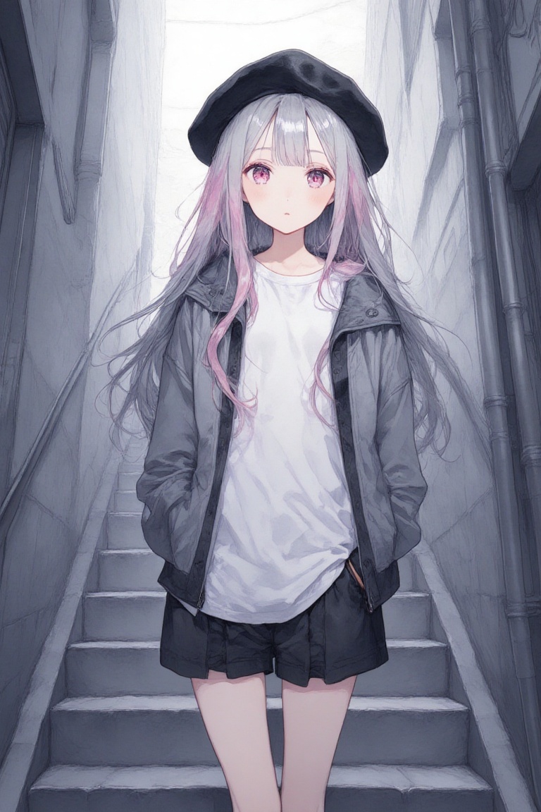 Anime-style drawing of a young girl with long,  silver hair and pink highlights,  wearing a black beret on Tensor.Art