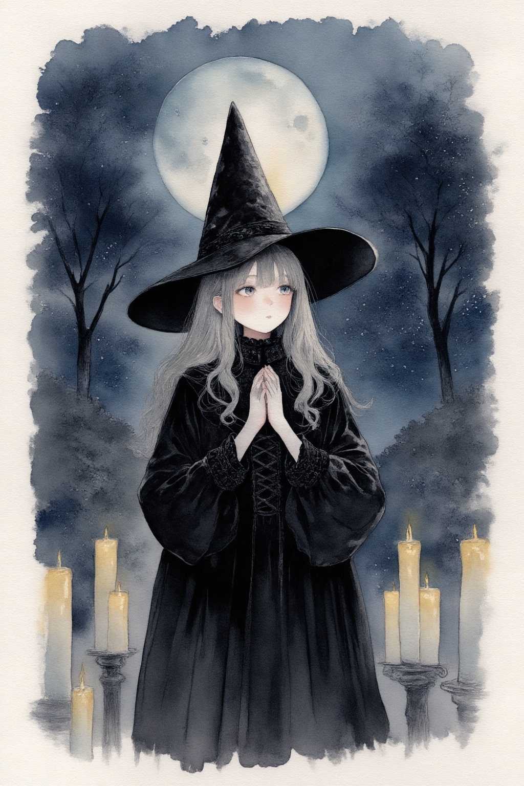 A girl with gray hair and black witch clothes,  wearing a witch hat,  stands in an upper body shot during a night scene. S...