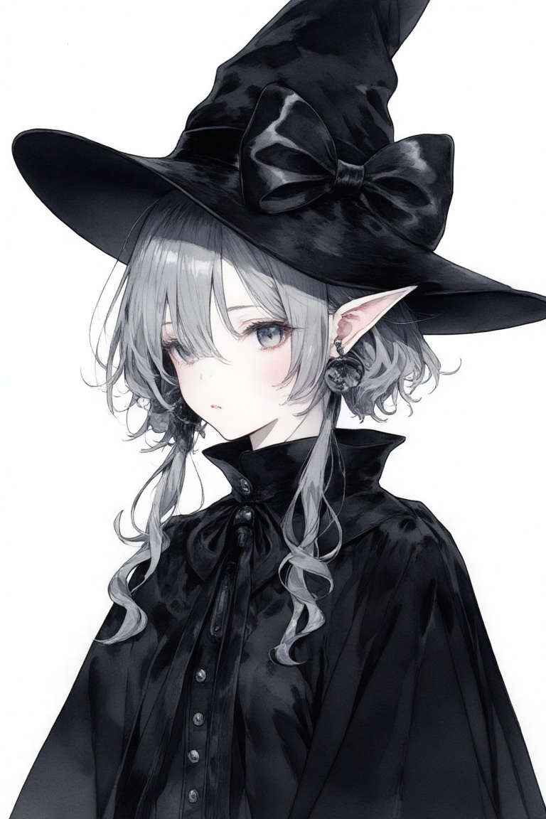 Anime-style drawing of a young woman with long,  wavy gray hair and pointed ears,  wearing a black witch's hat with a larg...